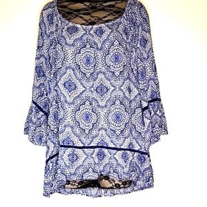Fever Blue and White Tunic boho top 1X 3/4  sleeve.